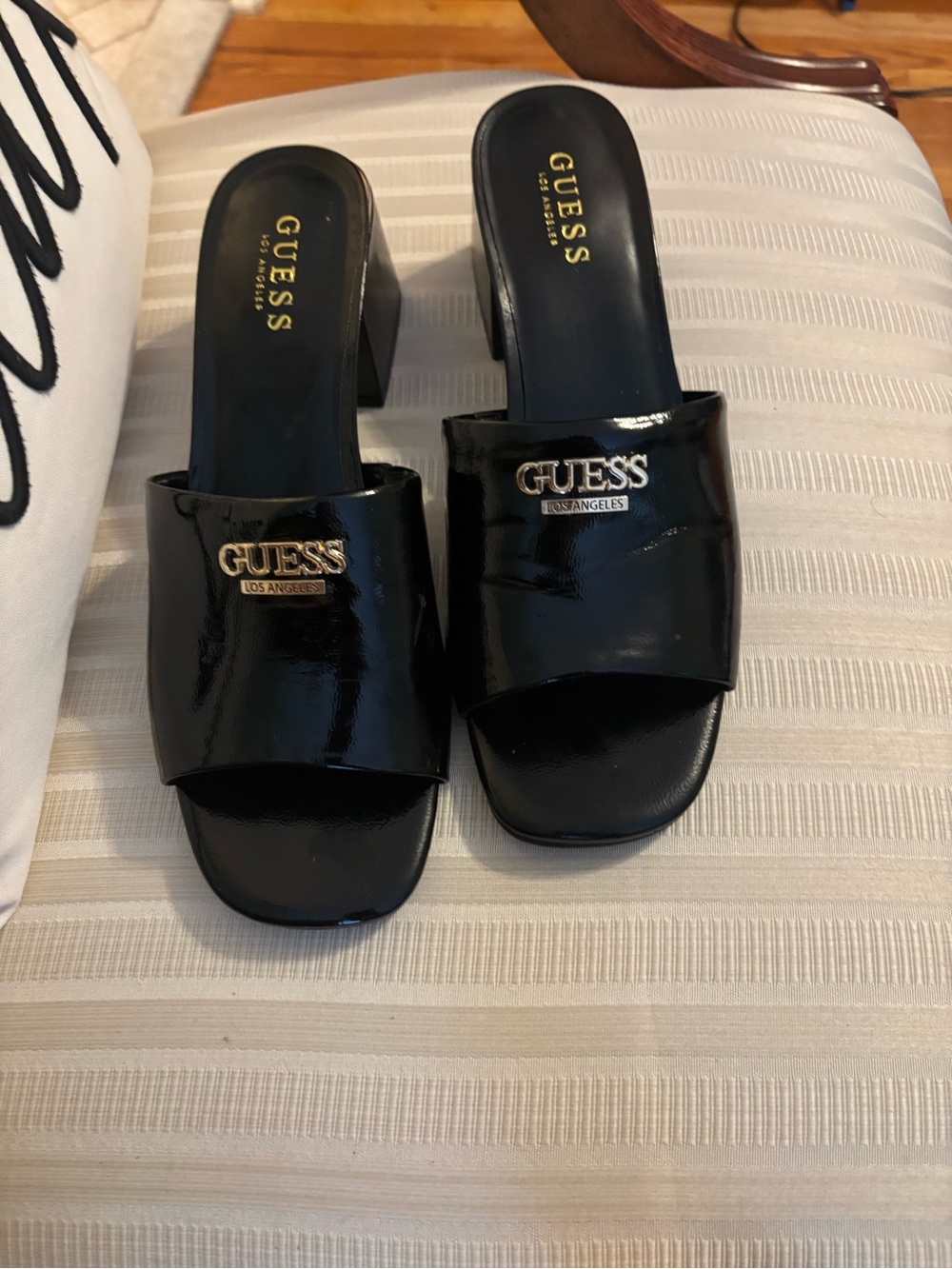 GUESS Black Patent Slide Sandals with Block Heel